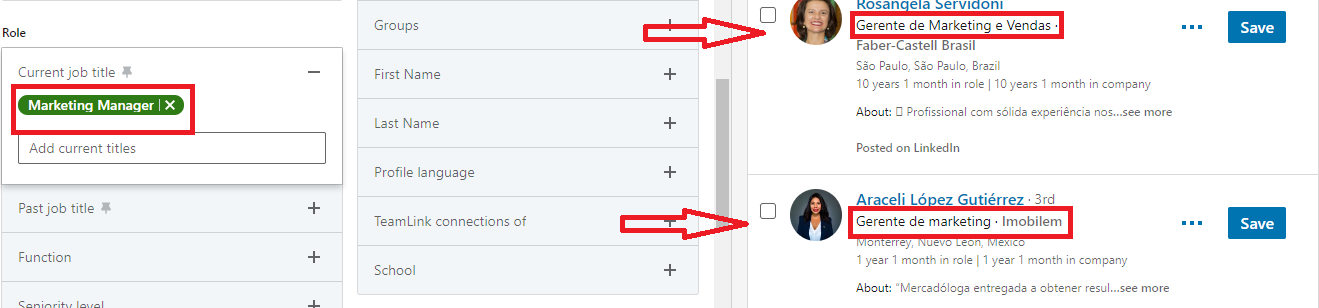 Current job title filter on Sales Navigator
