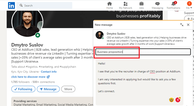 Initiating business proposition as connection request