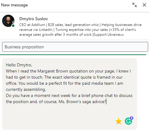Personalized message on LinkedIn