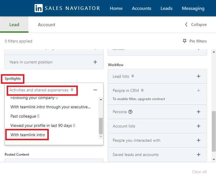 Spotlights Sales Navigator filter